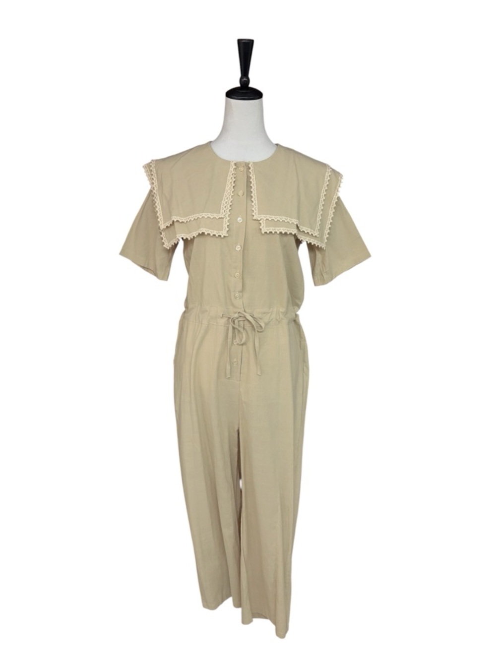 Cherrykoko Beige Lace Collar Jumpsuit Wide Leg Tie Waist Romper - Picture 2 of 14